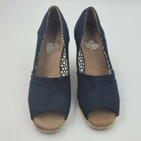 Toms Black Canvas Peep Toe Espadrille Wedge Heel Size 8.5 - Picture 3 of 9